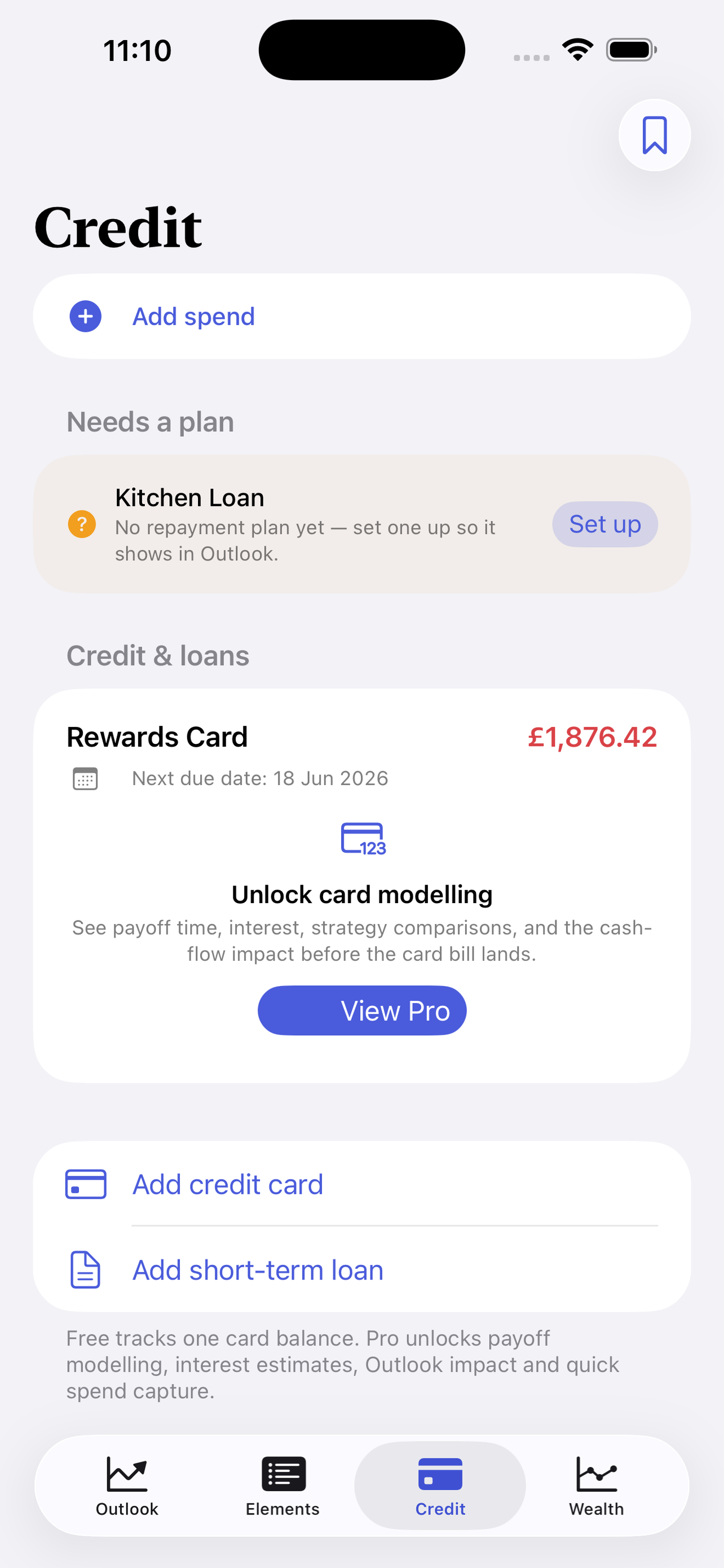 Budget Balancer credit card planning screen
