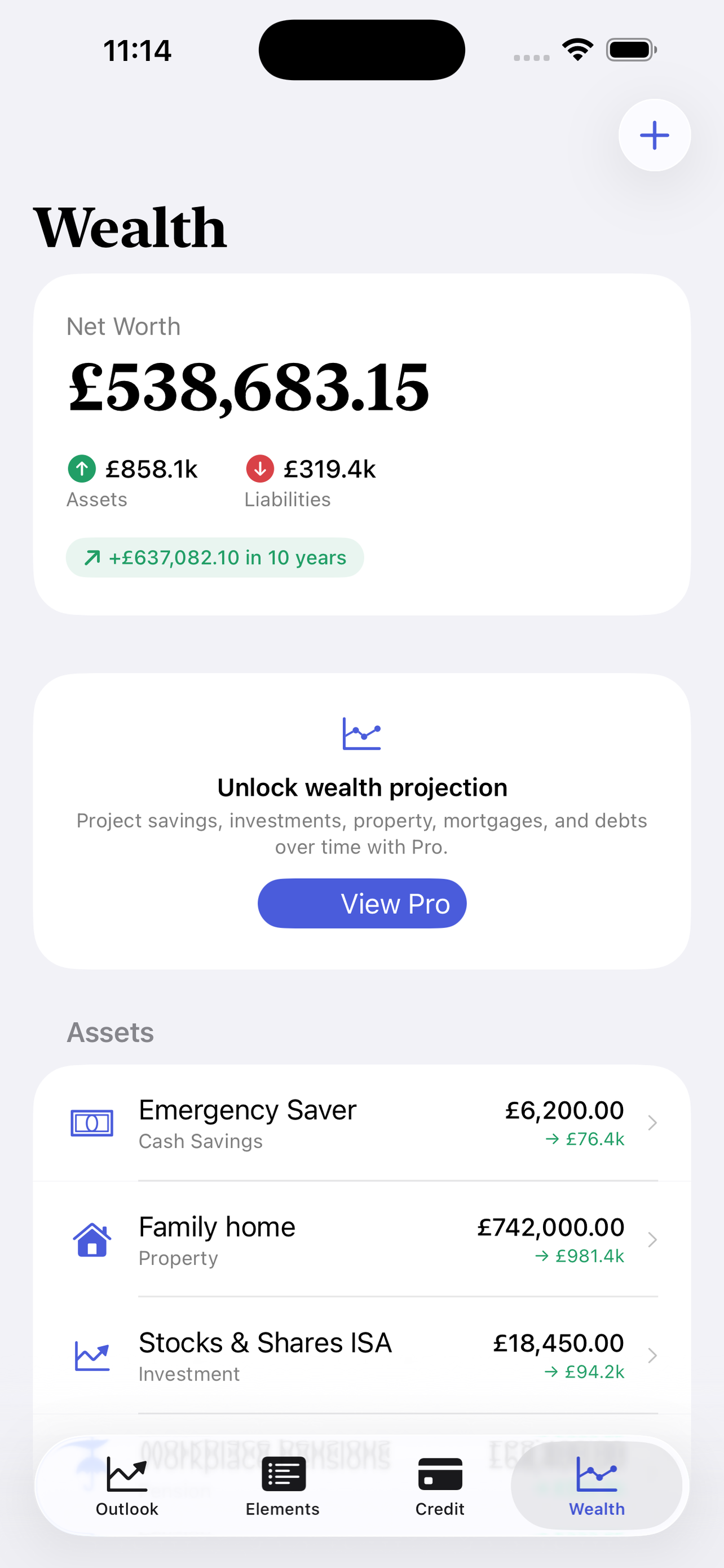 Budget Balancer wealth projection screen